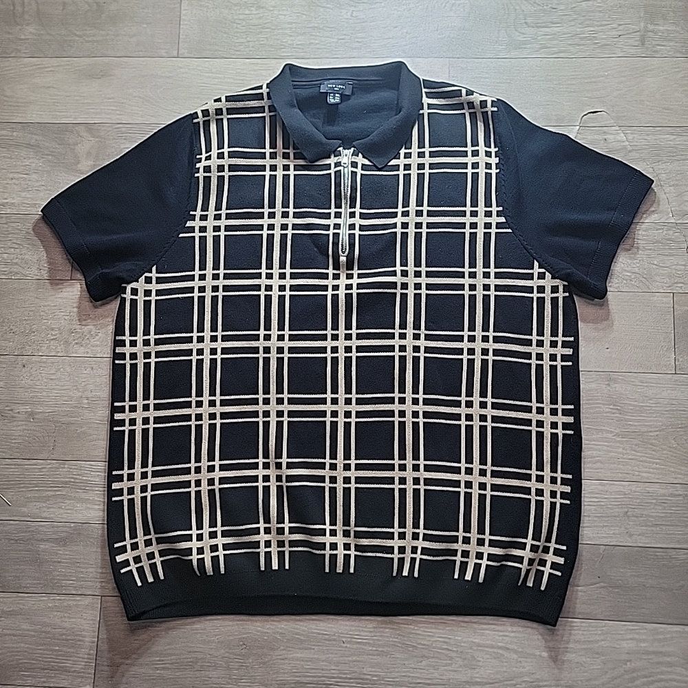 New Look Black and Cream Plaid Polo Shirt